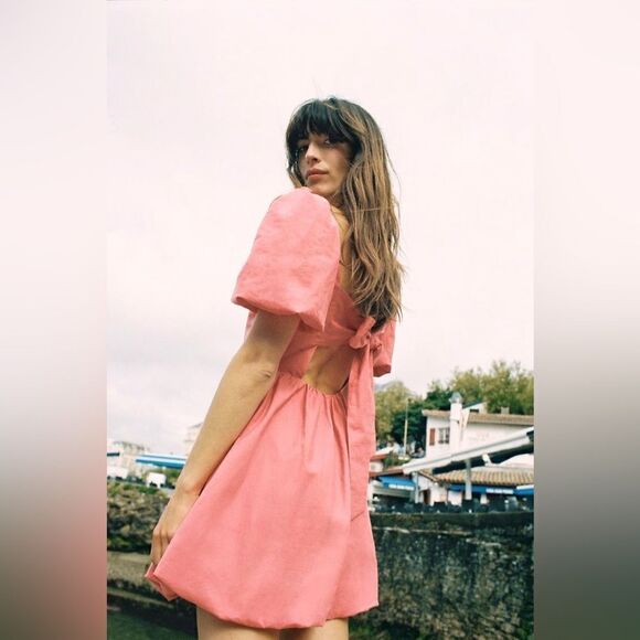 ZARA LINEN BLEND BOW MINI DRESS - Picture 2 of 5